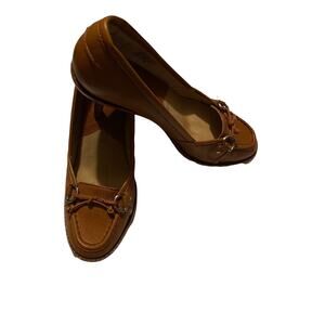 Michael Kors brown leather penny loafer lace boat style Stiletto heels 9.5